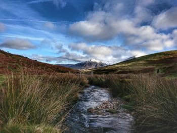 River amidst field against cloudy sky