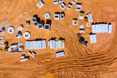 High angle view of toy blocks on sand