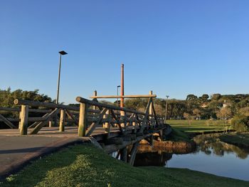 Scenic view of park against clear blue sky