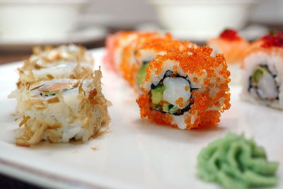 Close-up of sushi served in plate