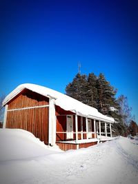 Built structure on snow covered building against clear blue sky