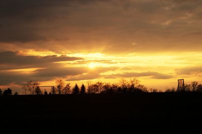 Silhouette trees on field against orange sky