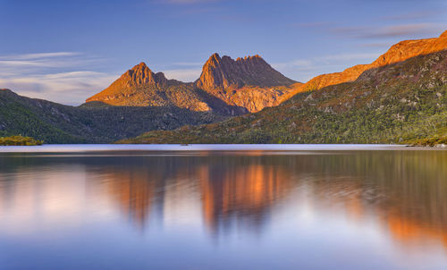 Scenic view of lake and mountains against sky during sunset