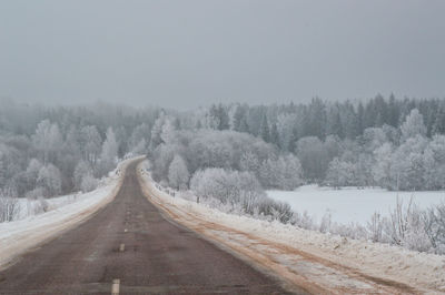 Road amidst trees against sky during winter