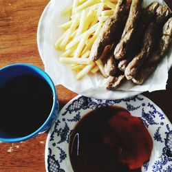 High angle view of breakfast served on table