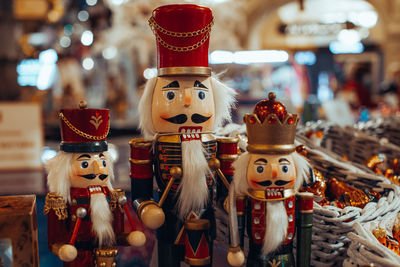 Christmas toy three wooden soldier nutcracker figurines. traditional festive decor, new year details