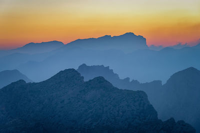 Scenic view of mountains against sky during sunset