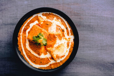 High angle view of soup in bowl on table