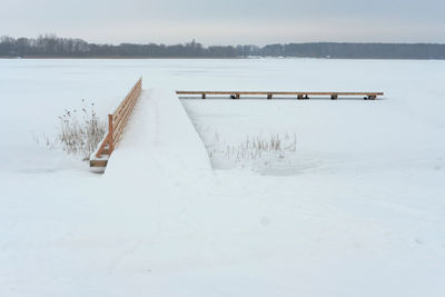 Scenic view of snow covered field by lake