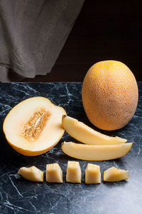 High angle view of food on table against black background