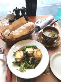 High angle view of breakfast served on table