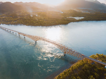 High angle view of lake by mountain