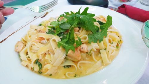 High angle view of pasta in plate on table