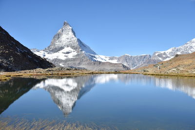 Scenic view of lake and mountains against clear blue sky