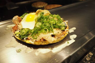 Close-up of okonomiyaki