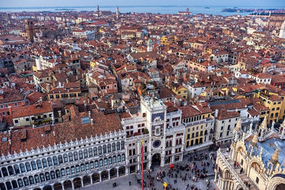 Aerial view of st. mark's square in venice, italy, with the clock tower or the two moors' tower