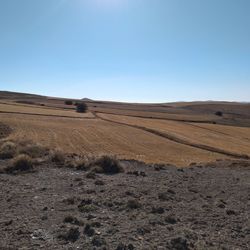 Scenic view of arid landscape against clear sky