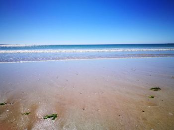 Scenic view of sea against clear blue sky