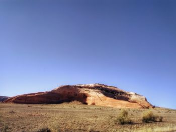 Scenic view of desert against clear blue sky