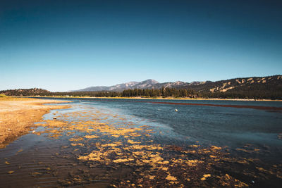 Scenic view of lake against clear blue sky