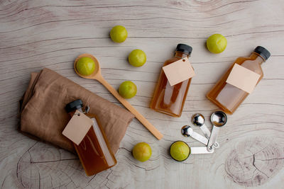 High angle view of christmas decorations on table