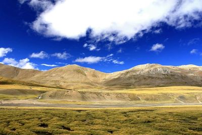 Scenic view of desert against blue sky