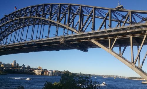 Bridge over river with city in background