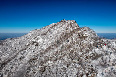 Scenic view of mountain against clear blue sky