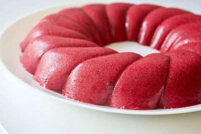 High angle view of red dessert in plate
