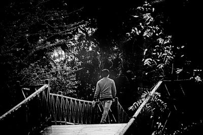 Rear view of man walking on steps