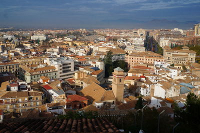 High angle shot of townscape against sky