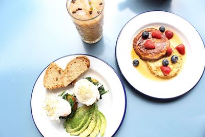 High angle view of breakfast served on table