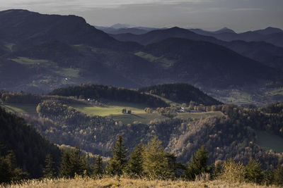 High angle view of landscape and mountains against sky