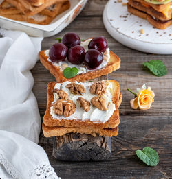 High angle view of breakfast served on table