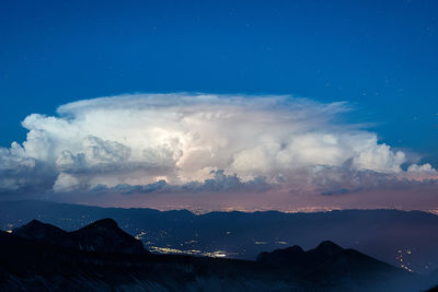 Scenic view of mountains against sky at night