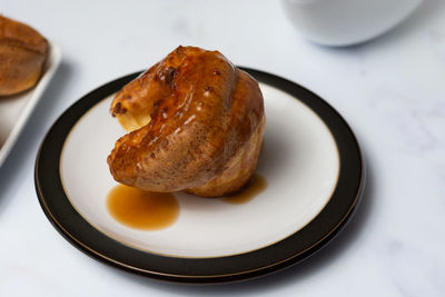 High angle view of bread in plate on table