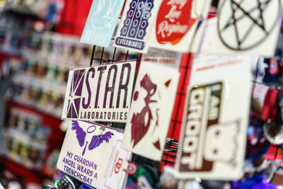 Close-up of information sign for sale in market