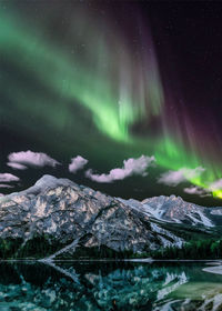Scenic view of lake and mountains against aurora borealis at night