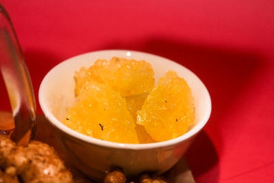 High angle view of dessert in bowl on table