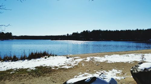 Scenic view of lake against clear sky during winter