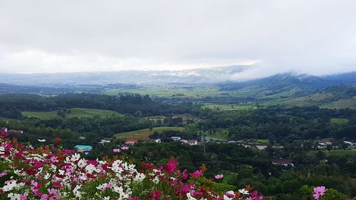 High angle view of scenic view of mountains against sky