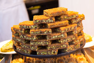 Close-up of stack on table