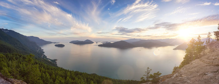 Panoramic view of sea and mountains against sky during sunset