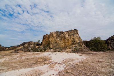 Rock formations on landscape against sky