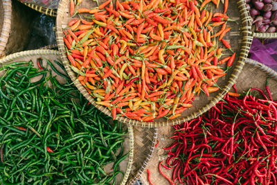 High angle view of chili peppers for sale at market stall