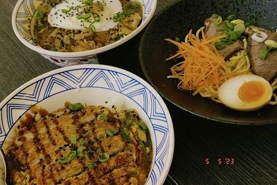 High angle view of food in plate on table