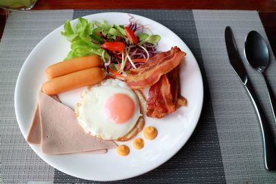 High angle view of breakfast served on table