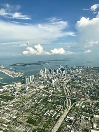 High angle view of city buildings against sky