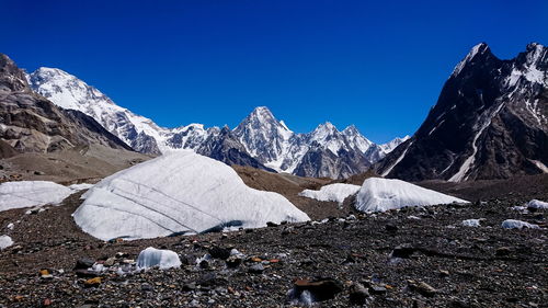 Scenic view of snowcapped mountains against clear blue sky