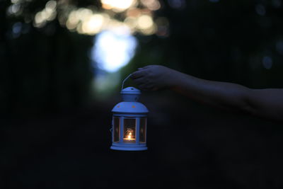 Cropped hand of woman holding lit lantern in forest